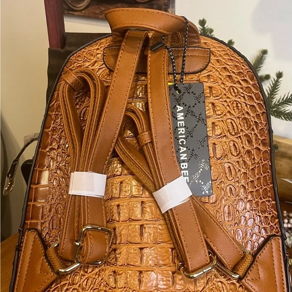 American Bee Preppy Vegan Leather Croc Backpack & Wallet Set in Brown. NWT - Picture 2 of 14